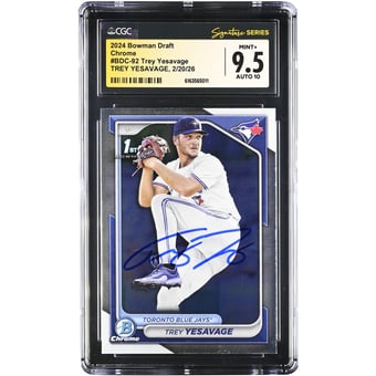 Trey Yesavage Toronto Blue Jays Autographed 2024 Bowman Draft Chrome #BDC-92 CGC Authenticated 9.5/10 Card