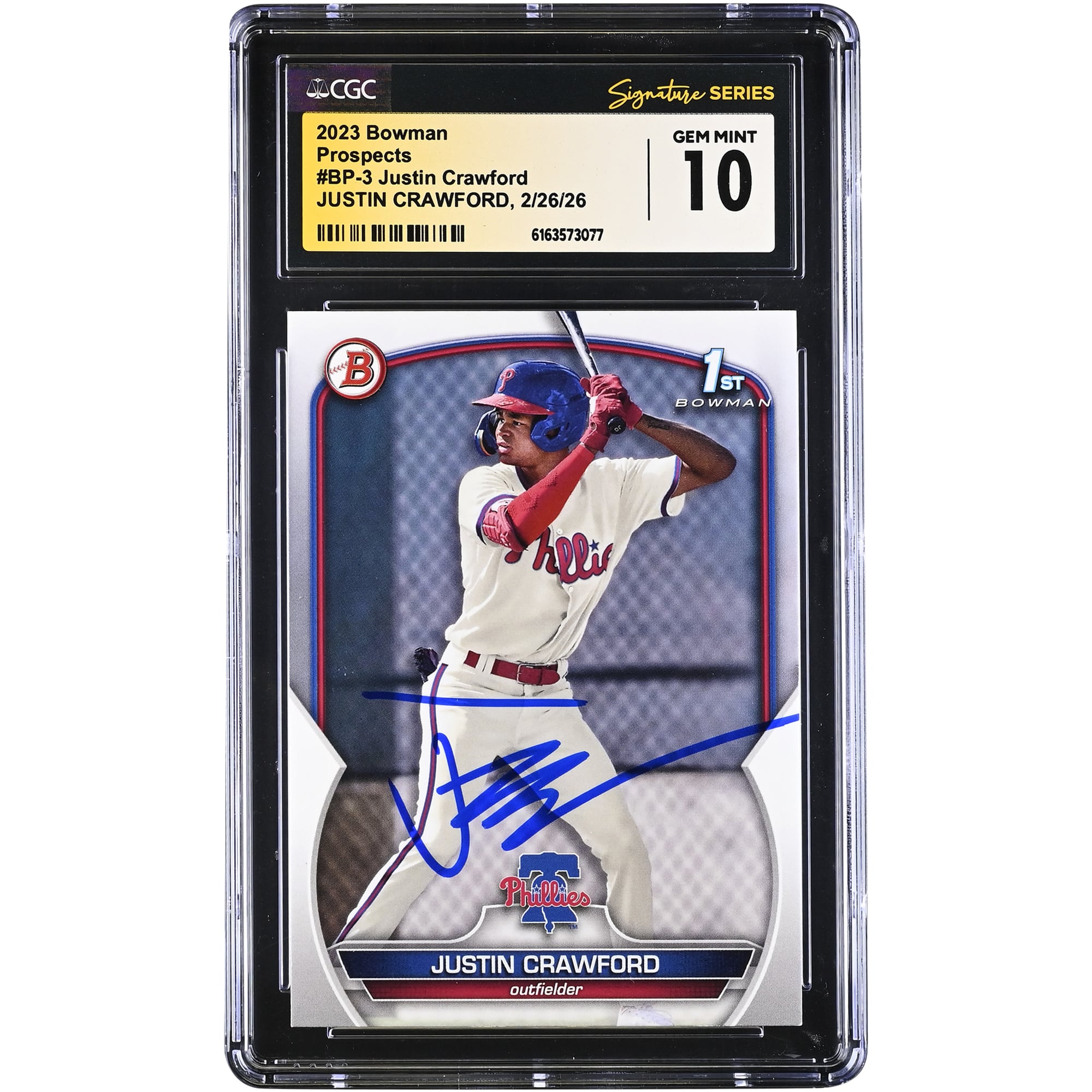 Justin Crawford Philadelphia Phillies Autographed 2023 Bowman Prospects #BP-3 CGC Authenticated GEM MINT 10 Card. rookie card picture