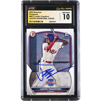 Justin Crawford Philadelphia Phillies Autographed 2023 Bowman Prospects #BP-3 CGC Authenticated GEM MINT 10 Card