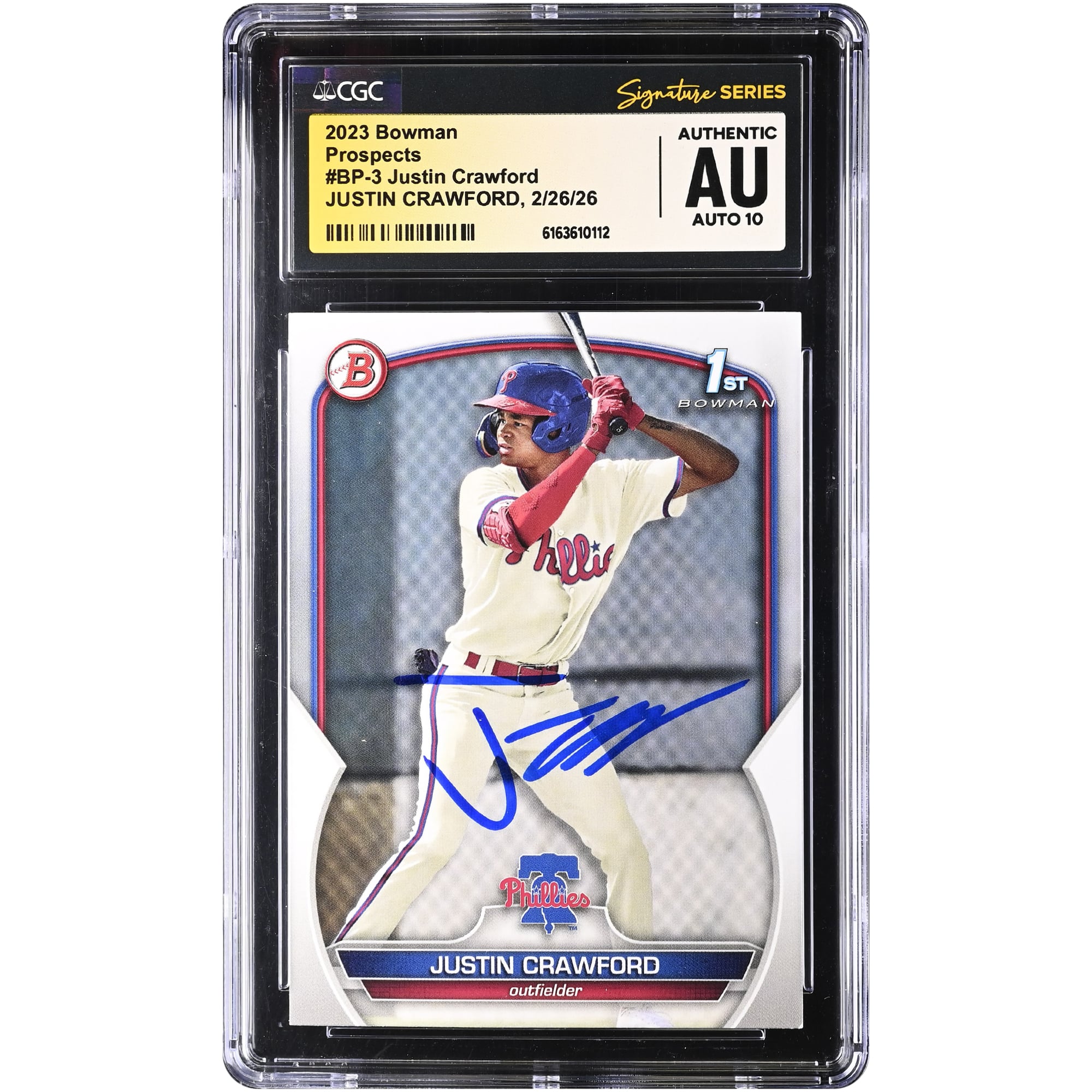 Justin Crawford Philadelphia Phillies Autographed 2023 Bowman Prospects #BP-3 CGC Authenticated Auto 10 Card. rookie card picture