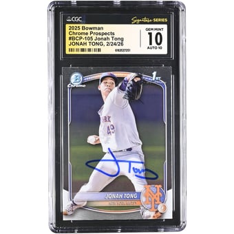Jonah Tong New York Mets Autographed 2025 Bowman Chrome Prospects #BCP-105 CGC Authenticated 10/10 Card