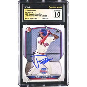 Justin Crawford Philadelphia Phillies Autographed 2023 Bowman Prospects #BP-3 CGC Authenticated 10/10 Card