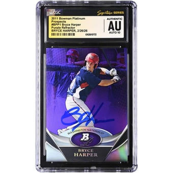 Bryce Harper Washington Nationals Autographed 2011 Bowman Platinum Prospects Purple Refractor #BPP1 CGC Authenticated Auto 10 Card