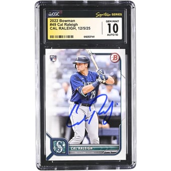 Cal Raleigh Seattle Mariners Autographed 2022 Bowman #49 CGC Authenticated 10/10 Rookie Card