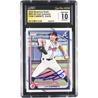 Cam Caminiti Atlanta Braves Autographed 2024 Bowman Draft #BD-20 CGC Authenticated 10/10 Card