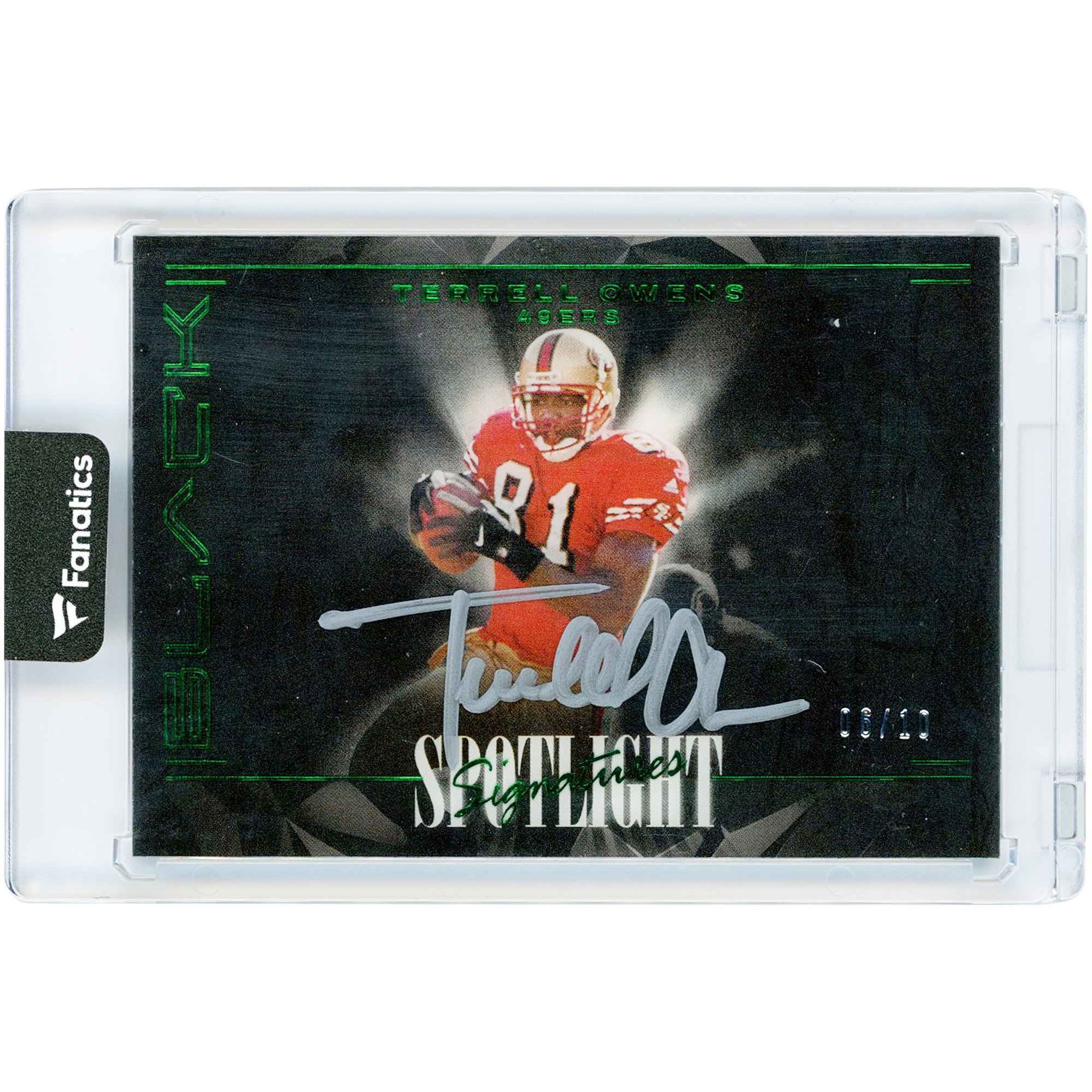 Terrell Owens San Francisco 49ers Autographed 2024 Panini Black Spotlight Emerald #SSH-TOS #6/10 Card. rookie card picture