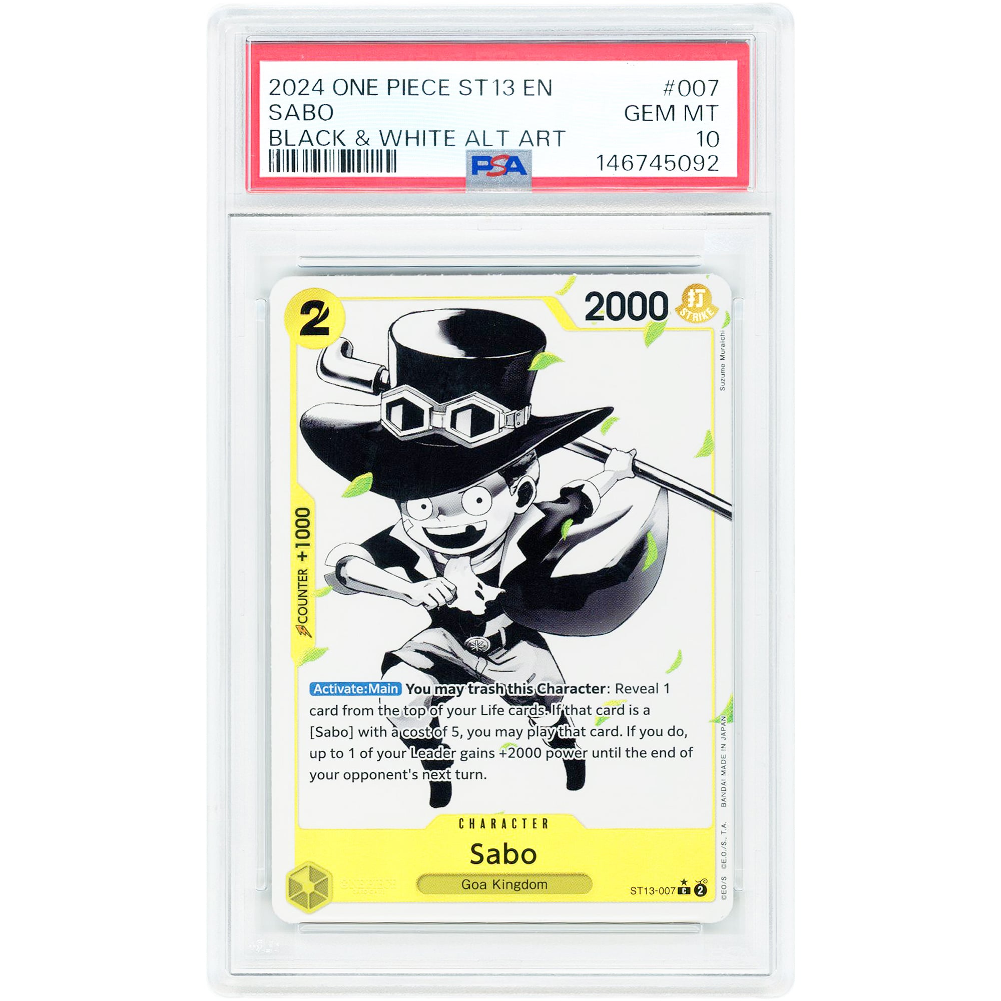 Sabo 2024 One Piece Ultra Deck: The Three Brothers Black & White Alternate Art #ST13-007 PSA Authenticated 10 Card