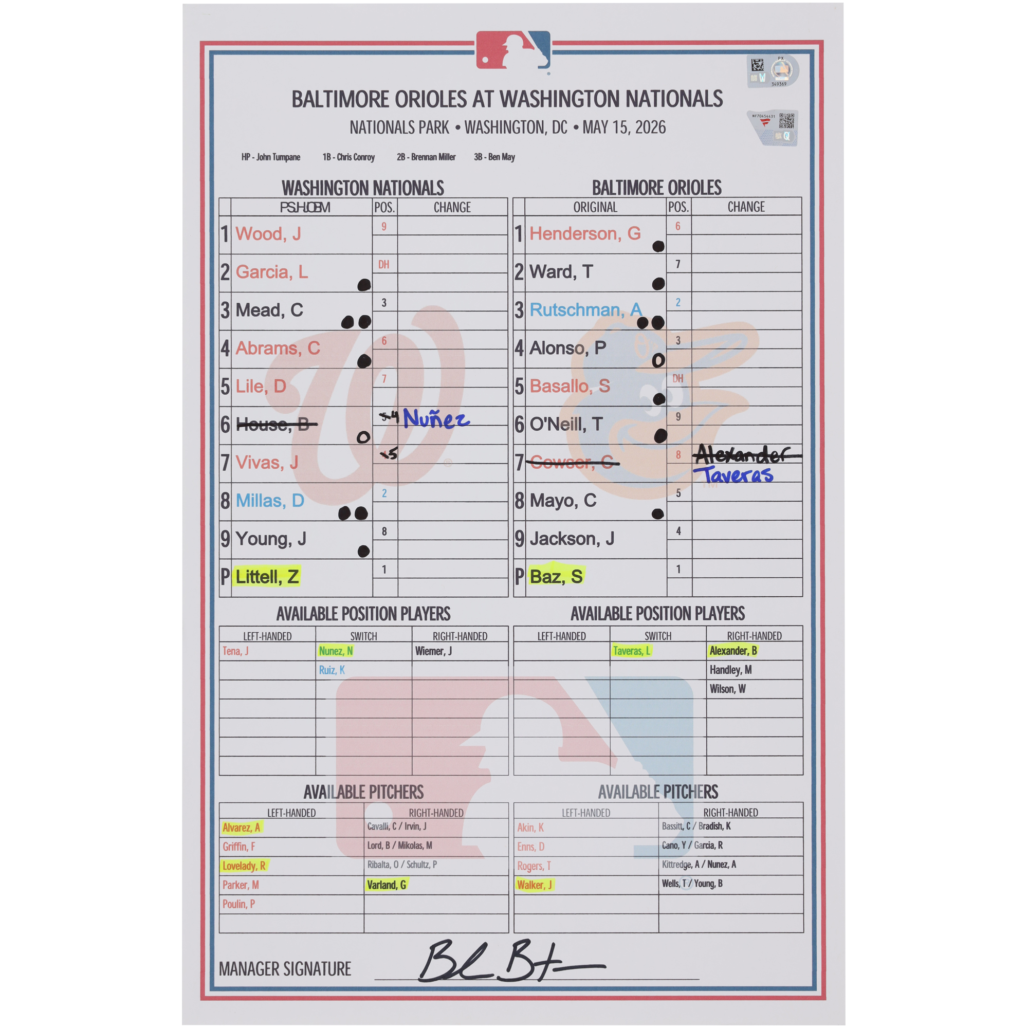 Washington Nationals Game-Used Lineup Card vs. Baltimore Orioles on May 15, 2026