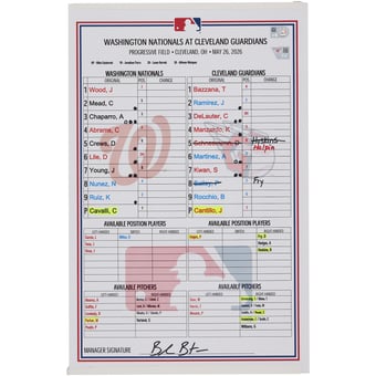 Washington Nationals Game-Used Lineup Card vs. Cleveland Guardians on May 26, 2026