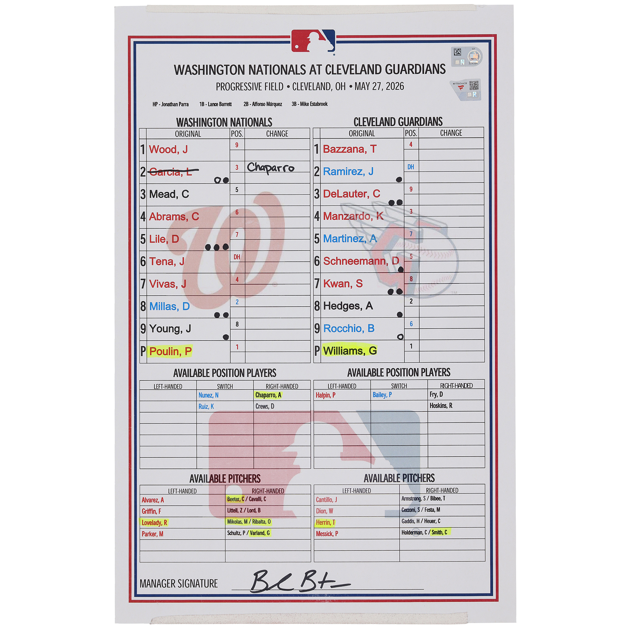 Washington Nationals Game-Used Lineup Card vs. Cleveland Guardians on May 27, 2026