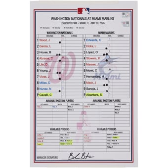 Washington Nationals Game-Used Lineup Card vs. Miami Marlins on May 10, 2026