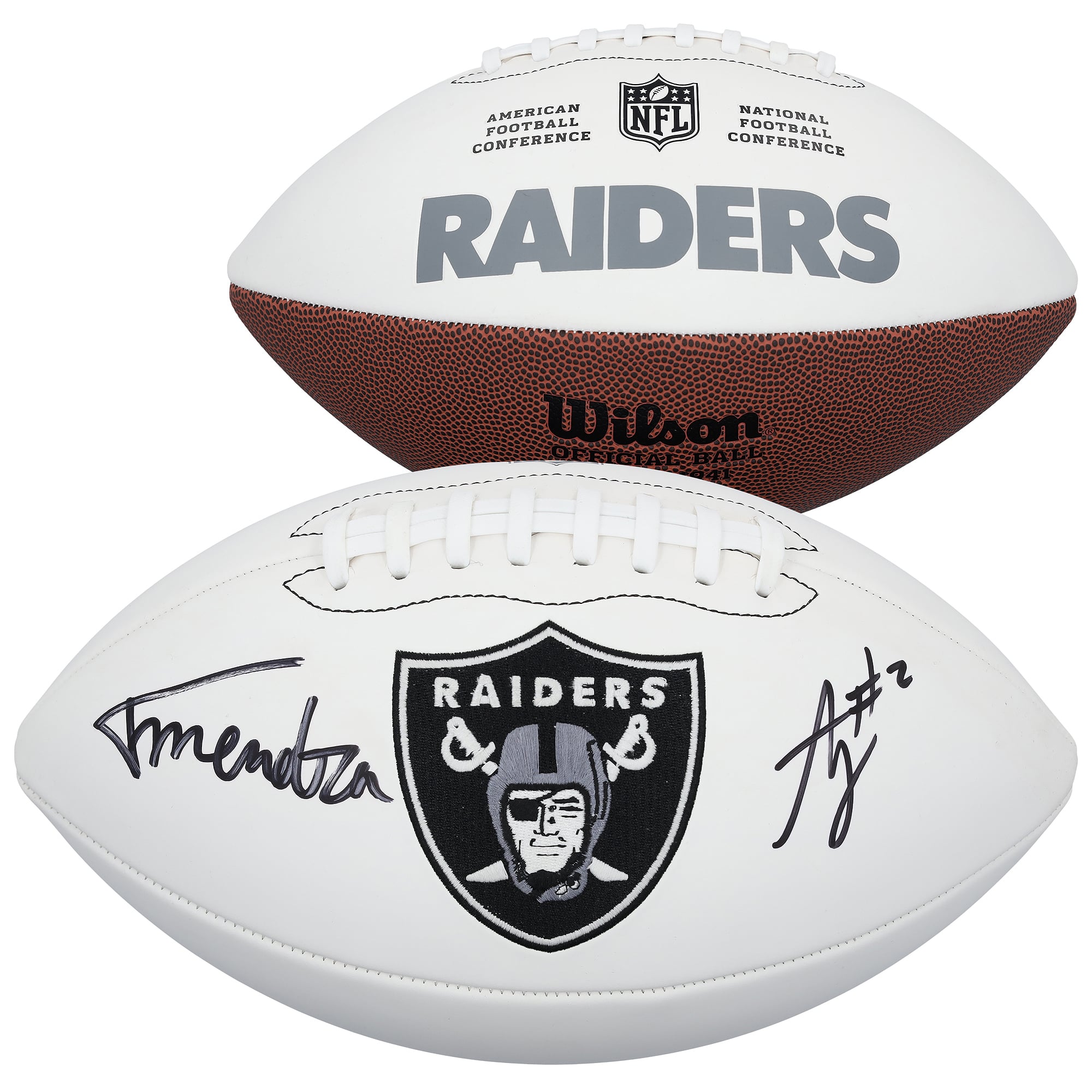 Ashton Jeanty & Fernando Mendoza Las Vegas Raiders Autographed Wilson White Panel Football Ashton Jeanty & Fernando Mendoza Las Vegas Raiders Autographed Wilson White Panel Football