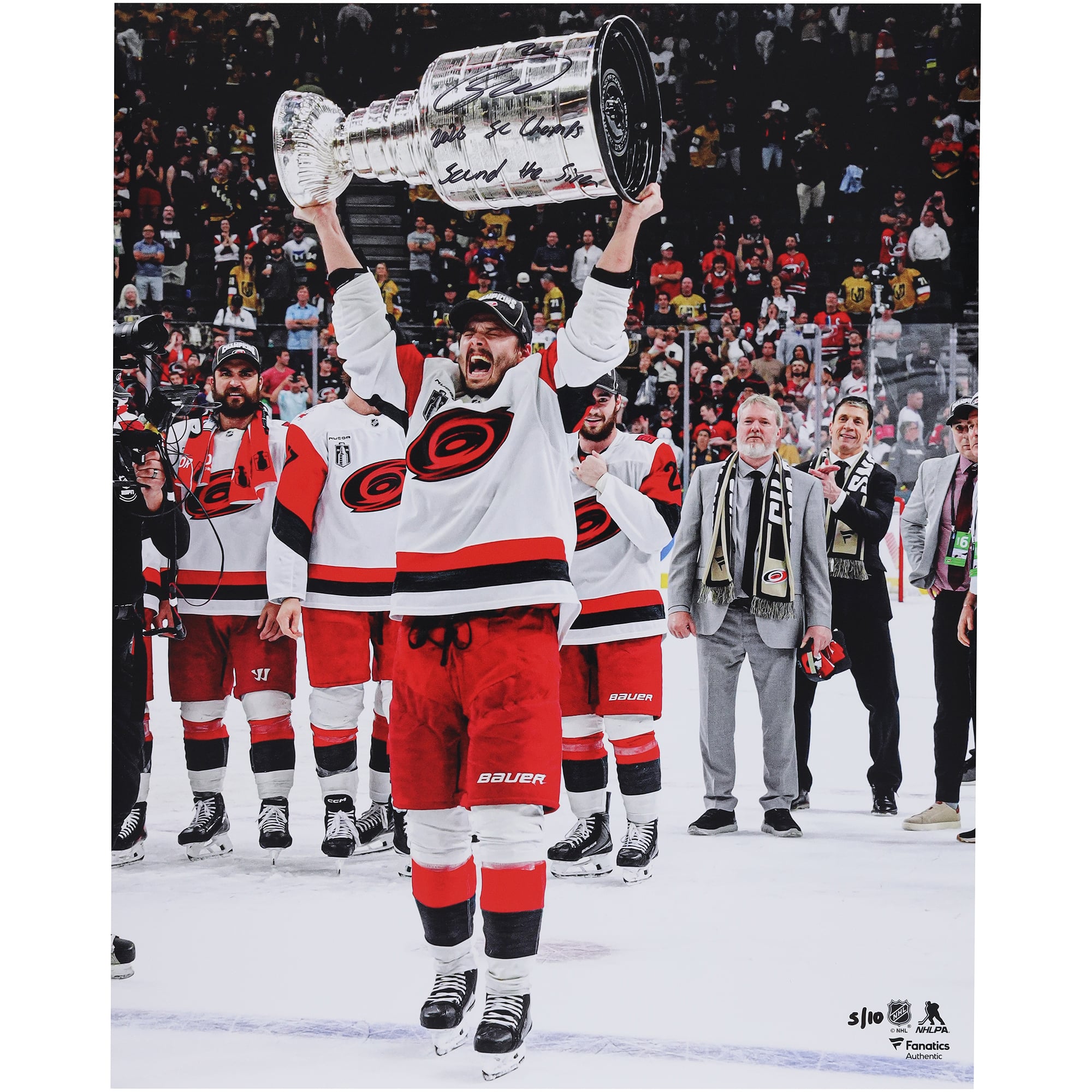 Sebastian Aho Carolina Hurricanes Autographed 16" x 20" 2026 Stanley Cup Champions Raising Cup Photograph with Multiple Inscriptions - Limited Edition of 10