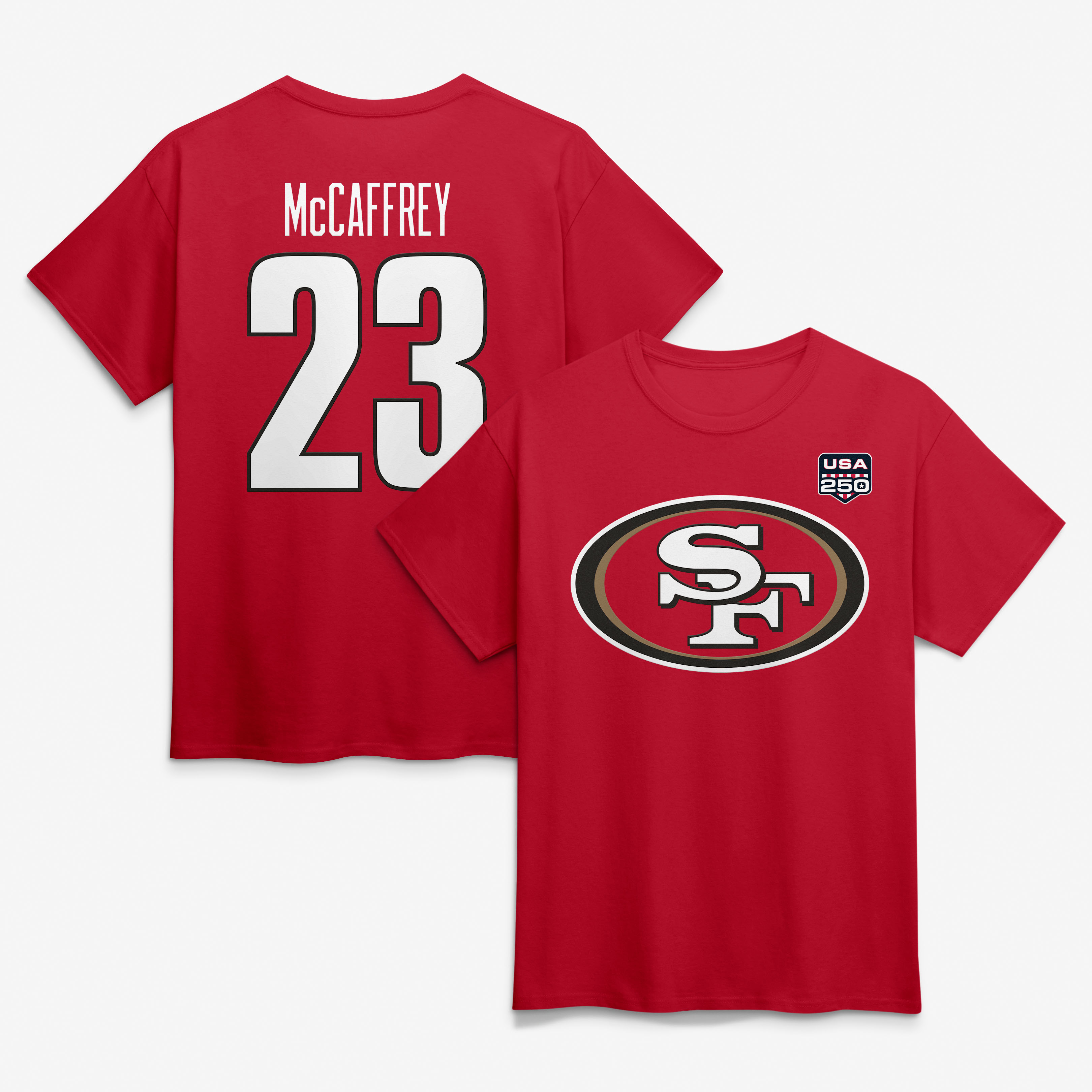 Men's Christian McCaffrey Cardinal San Francisco 49ers USA 250 Name & Number T-Shirt