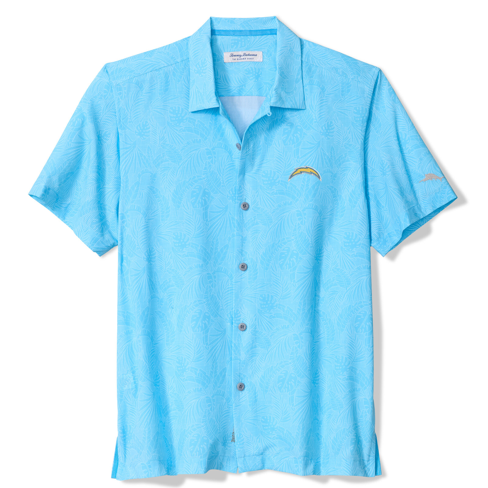Men's Tommy Bahama Powder Blue Los Angeles Chargers Saltwater Fronds Short Sleeve Button-Up Shirt