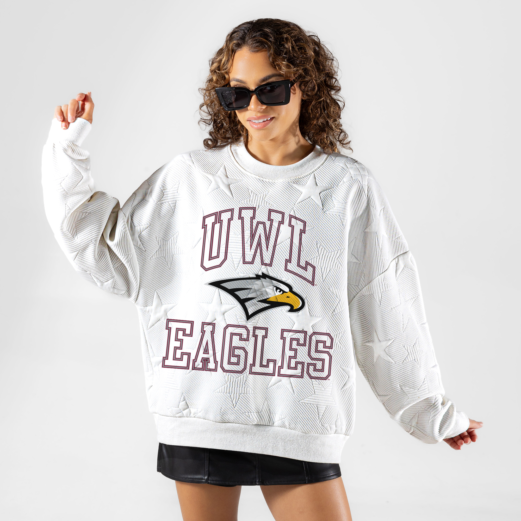 Women’s Gameday Couture White Wisconsin-La Crosse Eagles Big Play Energy Tonal Star Embossed Sweatshirt