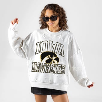 Women's Gameday Couture White Iowa Hawkeyes  Big Play Energy Tonal Star Embossed Sweatshirt