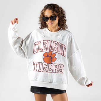 Women's Gameday Couture White Clemson Tigers  Big Play Energy Tonal Star Embossed Sweatshirt