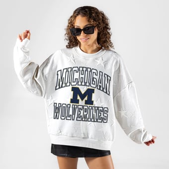 Women's Gameday Couture White Michigan Wolverines  Big Play Energy Tonal Star Embossed Sweatshirt