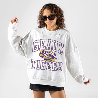 Women's Gameday Couture White LSU Tigers  Big Play Energy Tonal Star Embossed Sweatshirt