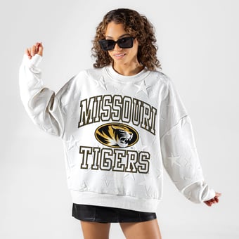 Women's Gameday Couture White Missouri Tigers  Big Play Energy Tonal Star Embossed Sweatshirt