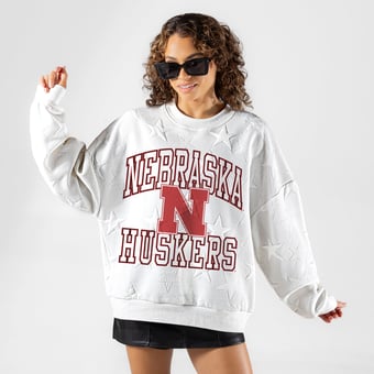 Women's Gameday Couture White Nebraska Huskers  Big Play Energy Tonal Star Embossed Sweatshirt