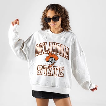 Women's Gameday Couture White Oklahoma State Cowboys  Big Play Energy Tonal Star Embossed Sweatshirt