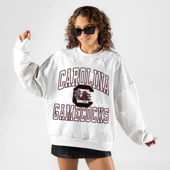 Women's Gameday Couture White South Carolina Gamecocks  Big Play Energy Tonal Star Embossed Sweatshirt