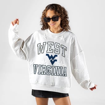 Women's Gameday Couture White West Virginia Mountaineers  Big Play Energy Tonal Star Embossed Sweatshirt