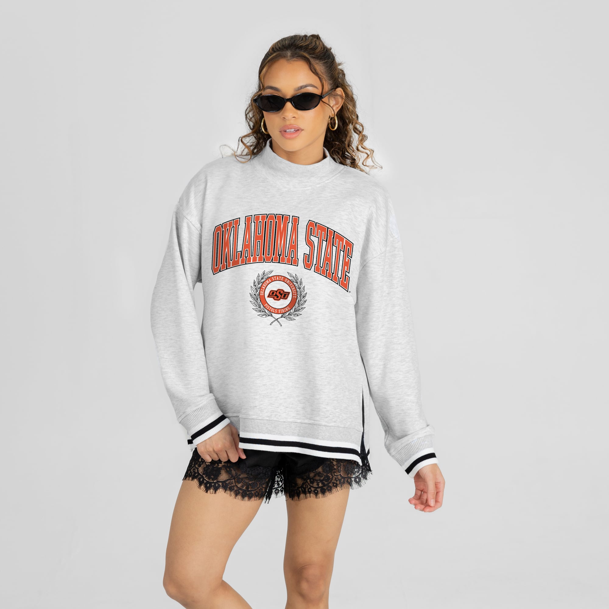 Women's Gameday Couture Ash Oklahoma State Cowboys  Rally Point Contrast Stripe Mock Neck Sweatshirt