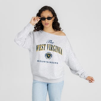 Women's Gameday Couture Ash West Virginia Mountaineers  Offsides Energy Off-Shoulder Sweatshirt