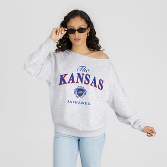 Women's Gameday Couture Ash Kansas Jayhawks  Offsides Energy Off-Shoulder Sweatshirt