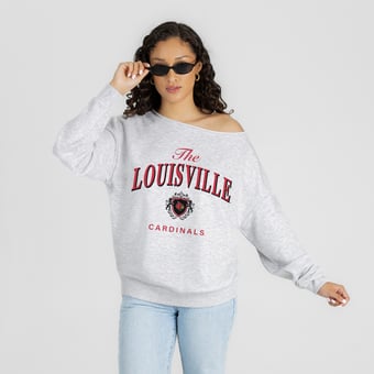 Women's Gameday Couture Ash Louisville Cardinals  Offsides Energy Off-Shoulder Sweatshirt