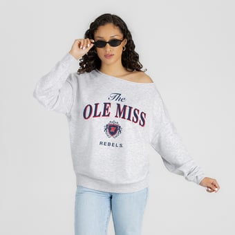 Women's Gameday Couture Ash Ole Miss Rebels  Offsides Energy Off-Shoulder Sweatshirt