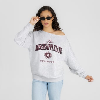 Women's Gameday Couture Ash Mississippi State Bulldogs  Offsides Energy Off-Shoulder Sweatshirt