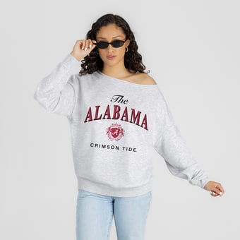 Women's Gameday Couture Ash Alabama Crimson Tide  Offsides Energy Off-Shoulder Sweatshirt