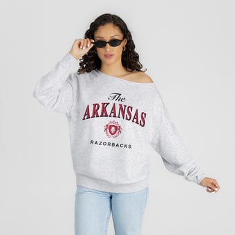 Women's Gameday Couture Ash Arkansas Razorbacks  Offsides Energy Off-Shoulder Sweatshirt