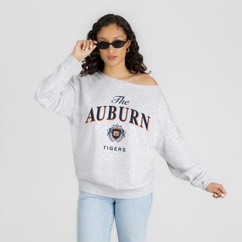 Women's Gameday Couture Ash Auburn Tigers  Offsides Energy Off-Shoulder Sweatshirt