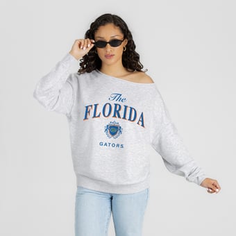 Women's Gameday Couture Ash Florida Gators  Offsides Energy Off-Shoulder Sweatshirt