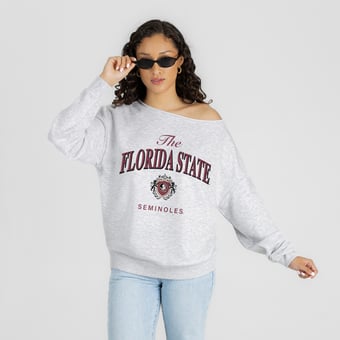 Women's Gameday Couture Ash Florida State Seminoles  Offsides Energy Off-Shoulder Sweatshirt