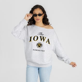 Women's Gameday Couture Ash Iowa Hawkeyes  Offsides Energy Off-Shoulder Sweatshirt