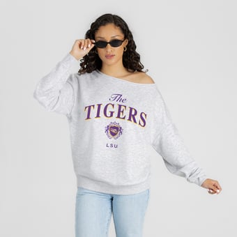 Women's Gameday Couture Ash LSU Tigers  Offsides Energy Off-Shoulder Sweatshirt