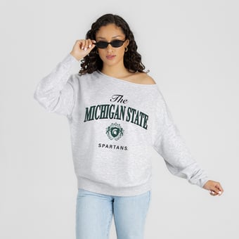 Women's Gameday Couture Ash Michigan State Spartans  Offsides Energy Off-Shoulder Sweatshirt
