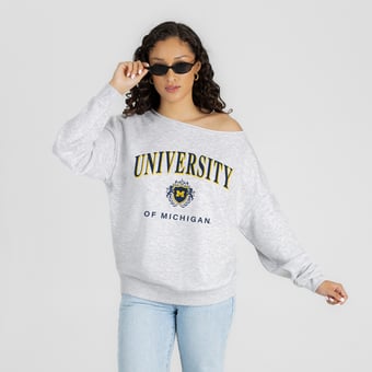 Women's Gameday Couture Ash Michigan Wolverines  Offsides Energy Off-Shoulder Sweatshirt