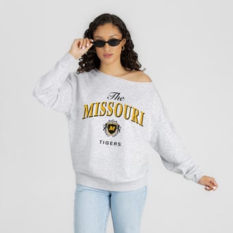 Women's Gameday Couture Ash Missouri Tigers  Offsides Energy Off-Shoulder Sweatshirt
