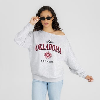 Women's Gameday Couture Ash Oklahoma Sooners  Offsides Energy Off-Shoulder Sweatshirt