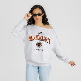Women's Gameday Couture Ash Oklahoma State Cowboys  Offsides Energy Off-Shoulder Sweatshirt