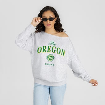 Women's Gameday Couture Ash Oregon Ducks  Offsides Energy Off-Shoulder Sweatshirt