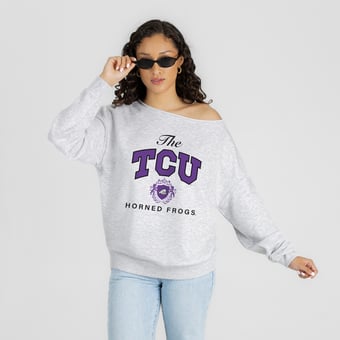 Women's Gameday Couture Ash TCU Horned Frogs  Offsides Energy Off-Shoulder Sweatshirt