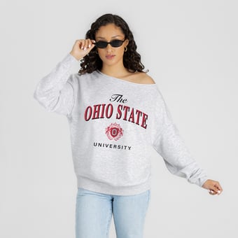 Women's Gameday Couture Ash Ohio State Buckeyes  Offsides Energy Off-Shoulder Sweatshirt